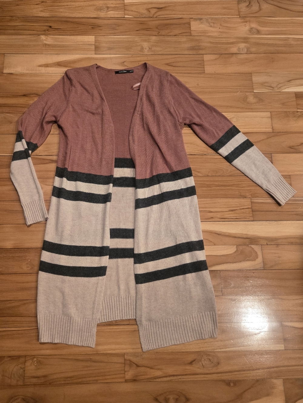 Open-Front Striped Long Cardigan Sweater - Mauve and Beige